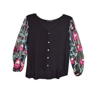 Kim & Cami Floral Embroidered Sheer Sleeve Top